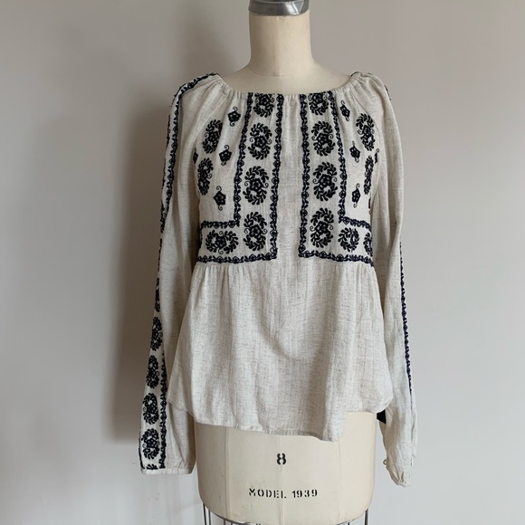 Zara Tops - Zara Linen Embroidered Peasant Blouse
